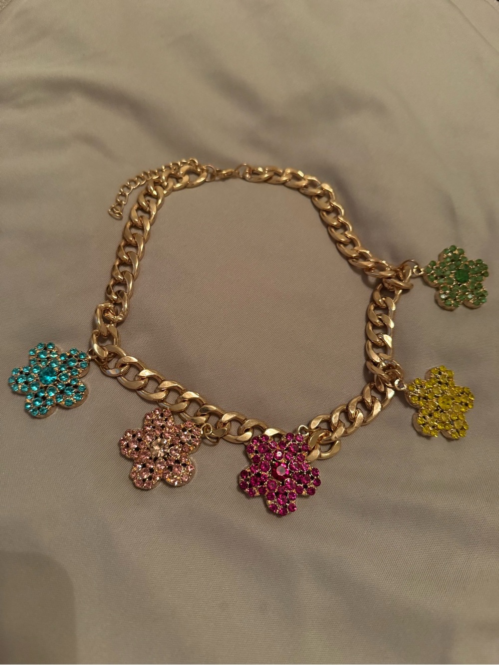 Gold Chain Necklace with Multicolor Crystal Flower Charms